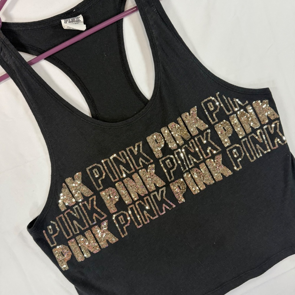 Victoria's Secret PINK Black Sequin Logo Racerback Tank Top Small